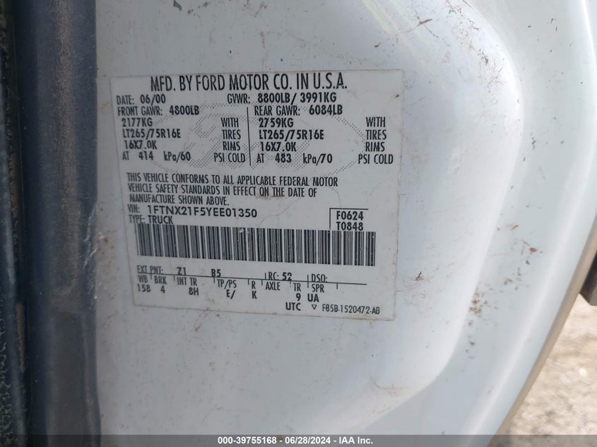 2000 Ford F250 Super Duty VIN: 1FTNX21F5YEE01350 Lot: 39755168