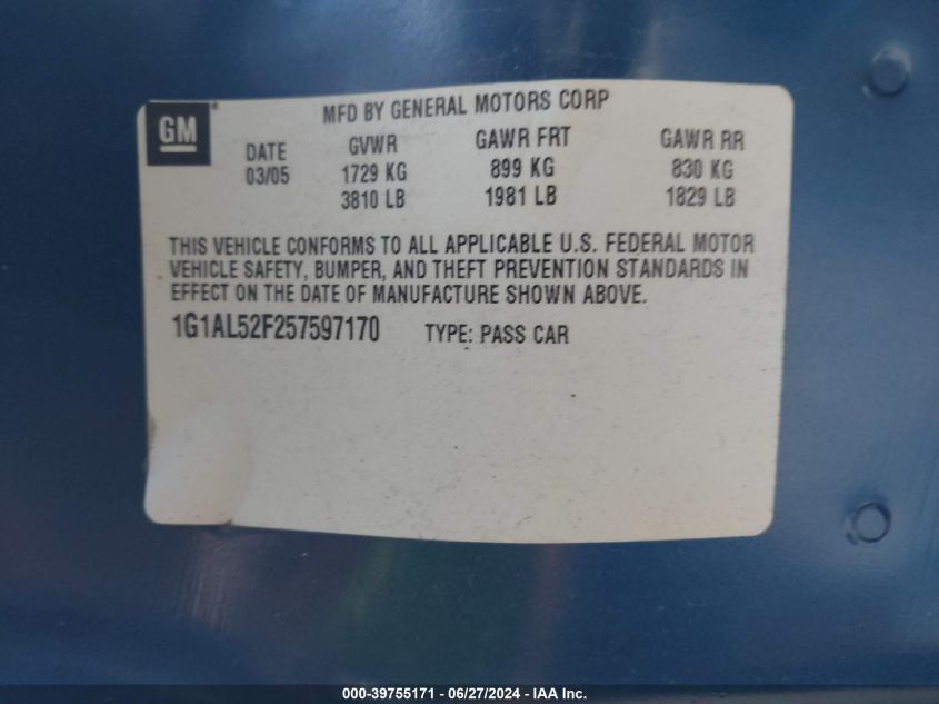 1G1AL52F257597170 | 2005 CHEVROLET COBALT