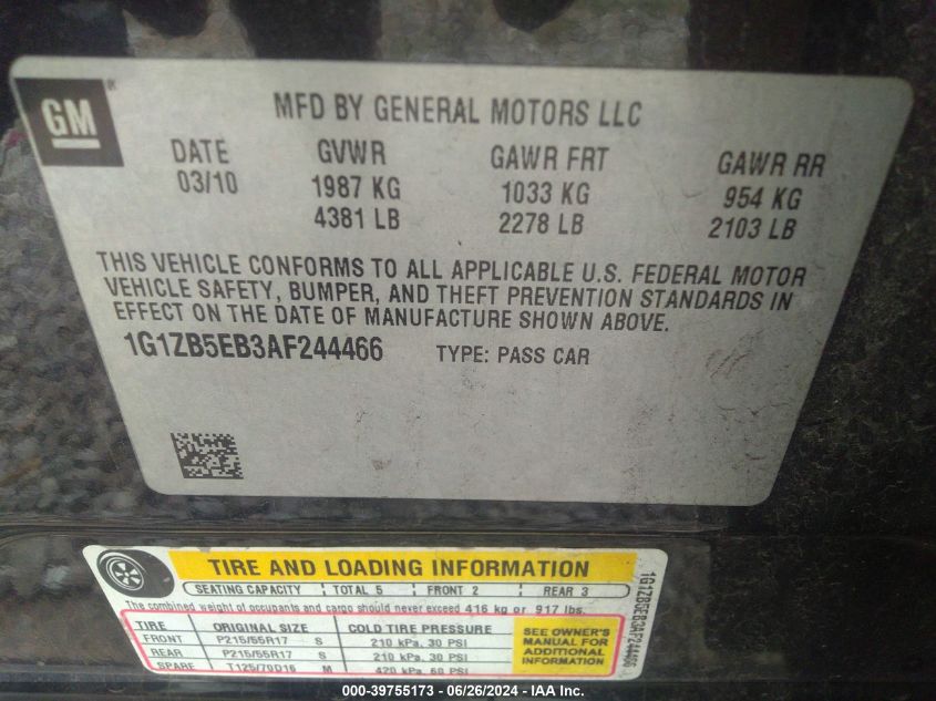 1G1ZB5EB3AF244466 | 2010 CHEVROLET MALIBU