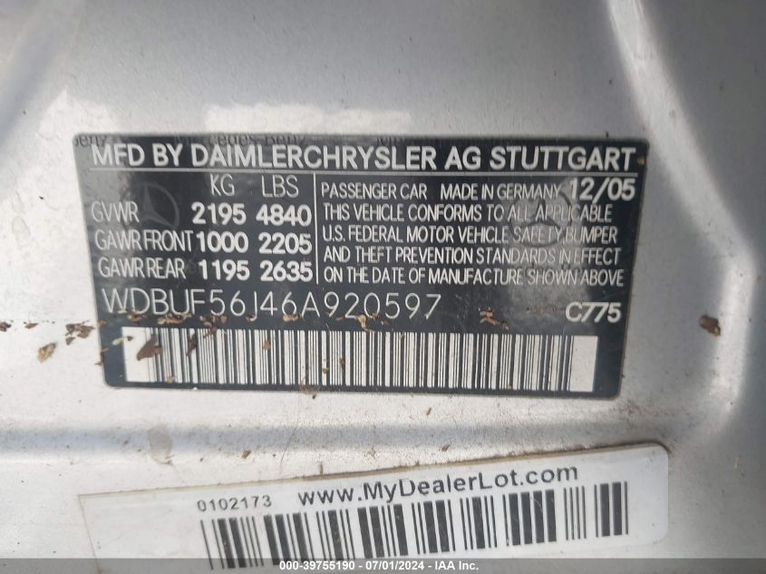 2006 Mercedes-Benz E 350 VIN: WDBUF56J46A920597 Lot: 39755190