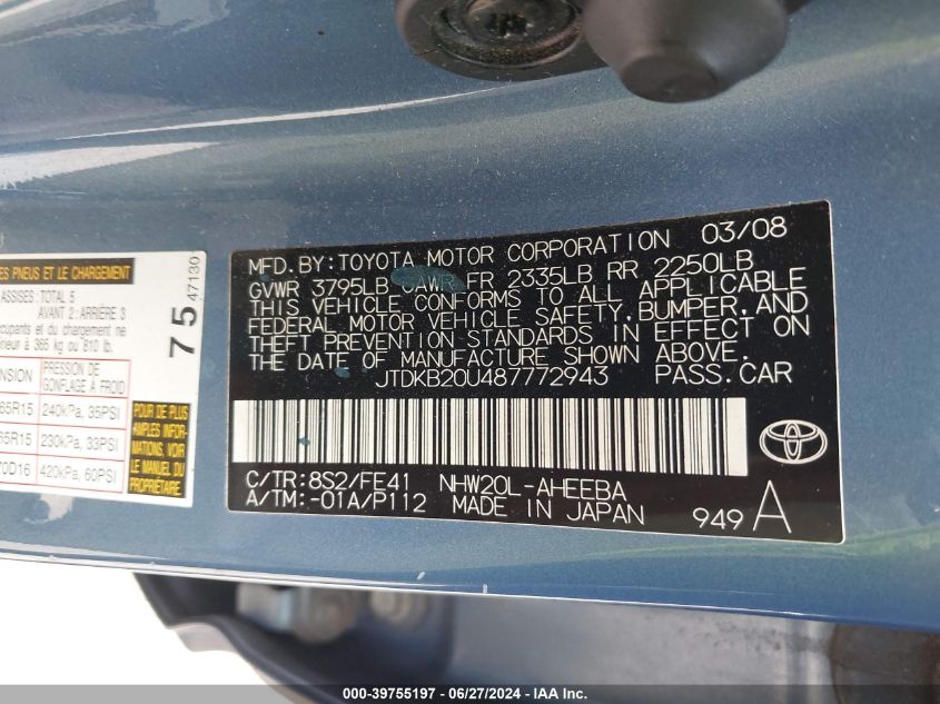 JTDKB20U487772943 | 2008 TOYOTA PRIUS