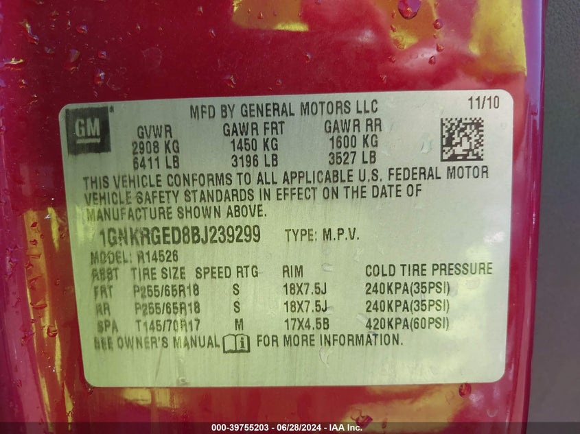 2011 Chevrolet Traverse 1Lt VIN: 1GNKRGED8BJ239299 Lot: 39755203