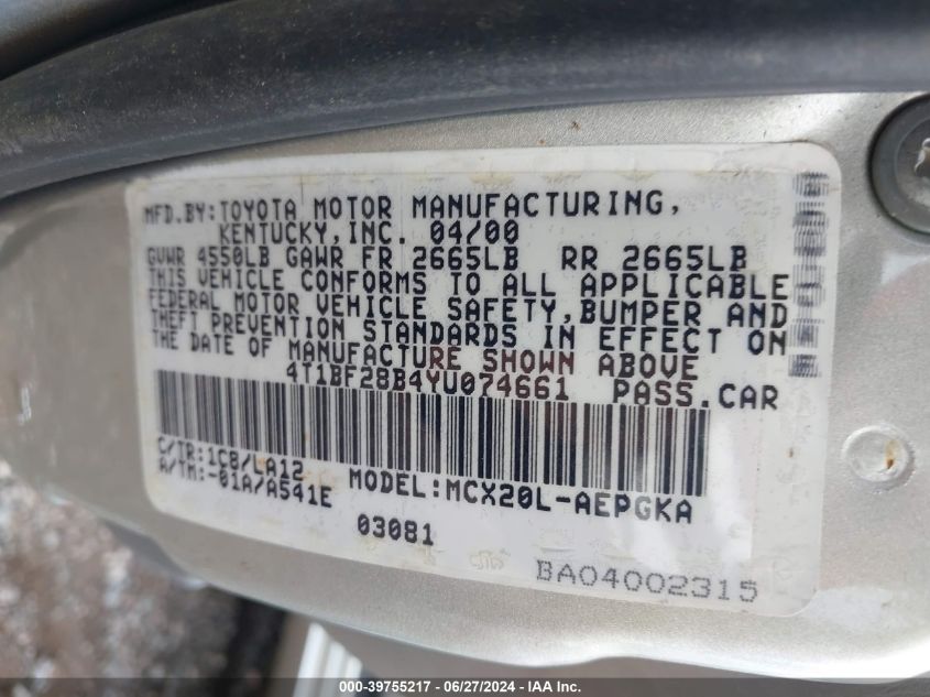 2000 Toyota Avalon Xls VIN: 4T1BF28B4YU074661 Lot: 39755217