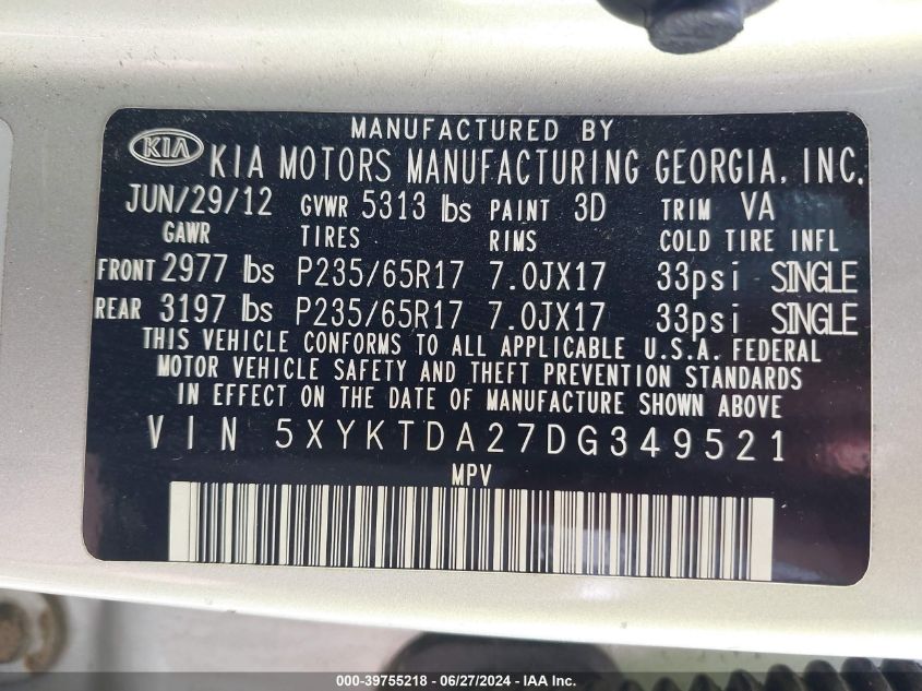 2013 Kia Sorento Lx V6 VIN: 5XYKTDA27DG349521 Lot: 39755218