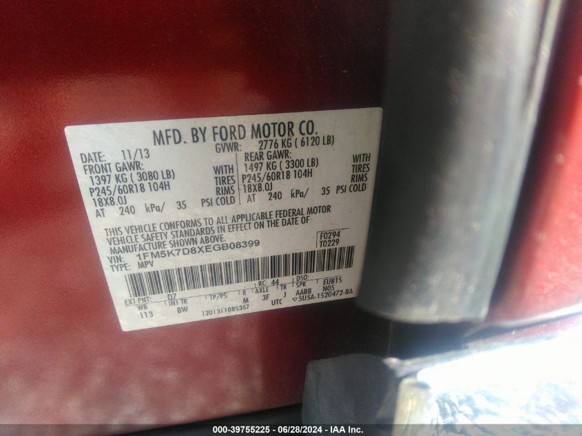 2014 Ford Explorer Xlt VIN: 1FM5K7D8XEGB08399 Lot: 39755225