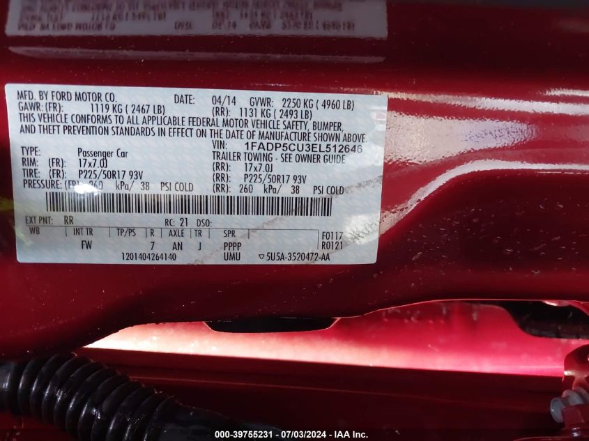 2014 Ford C-Max Energi Sel VIN: 1FADP5CU3EL512646 Lot: 39755231
