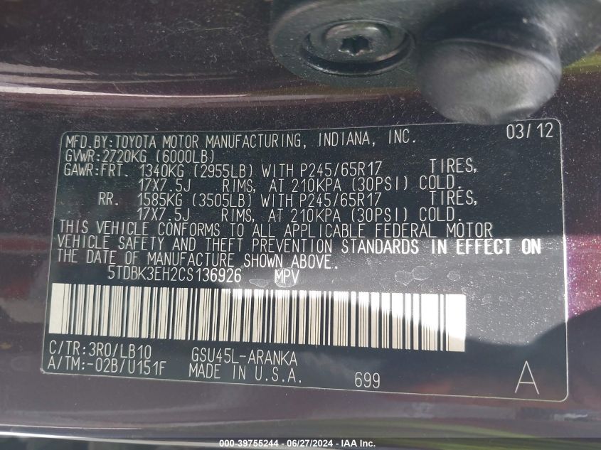 2012 Toyota Highlander Se V6 VIN: 5TDBK3EH2CS136926 Lot: 39755244