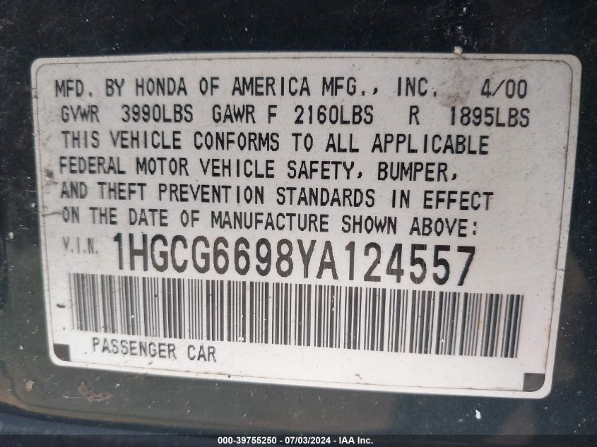 2000 Honda Accord 2.3 Se VIN: 1HGCG6698YA124557 Lot: 39755250