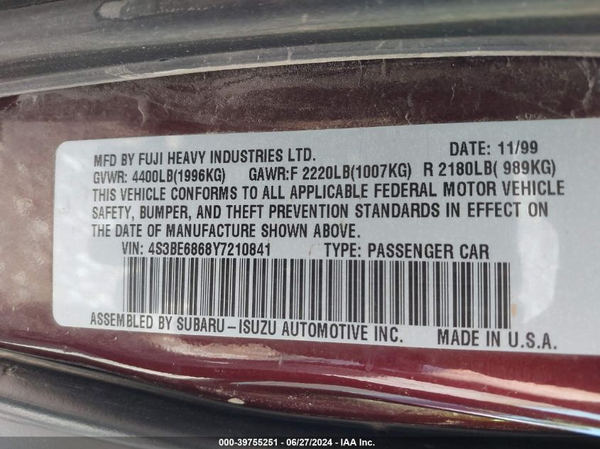 2000 Subaru Outback Limited VIN: 4S3BE6868Y7210841 Lot: 39755251