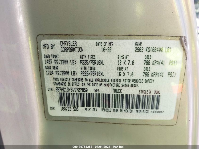 1997 Dodge Ram 1500 St VIN: 3B7HC13Y3VG727850 Lot: 39755256