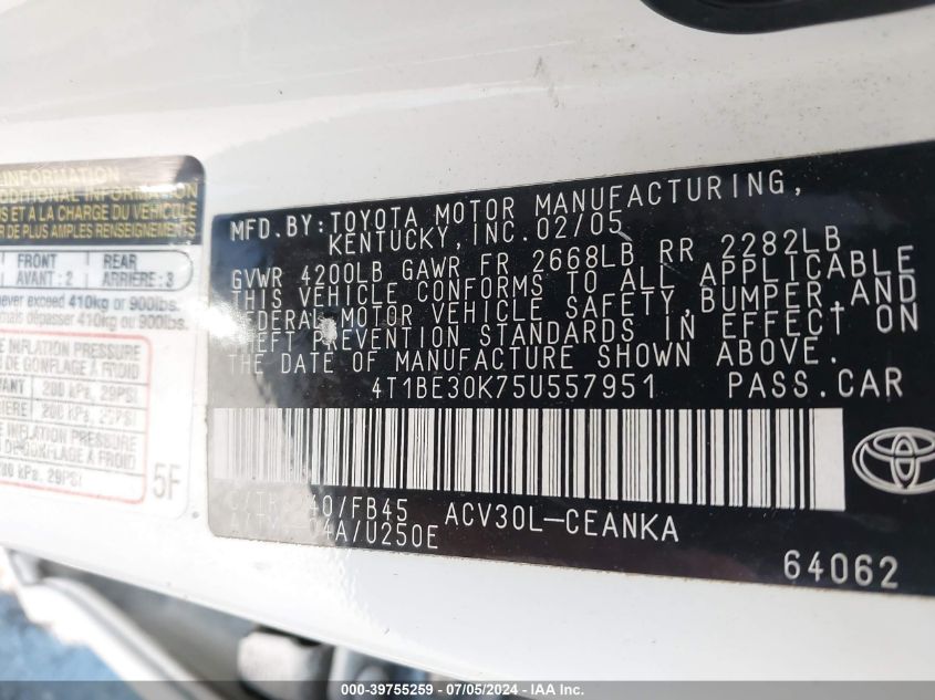 2005 Toyota Camry Le VIN: 4T1BE30K75U557951 Lot: 39755259