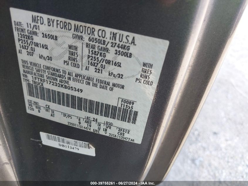 2002 Ford F150 VIN: 1FTRF17232KB05349 Lot: 39755261