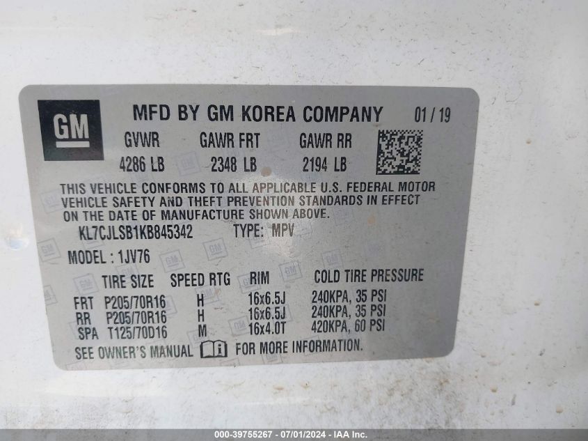 2019 Chevrolet Trax Lt VIN: KL7CJLSB1KB845342 Lot: 39755267