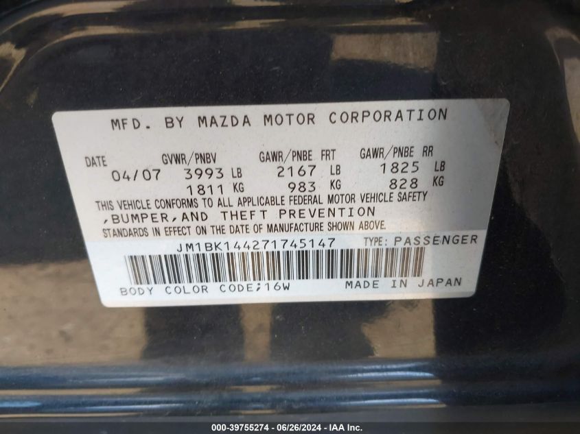 2007 Mazda Mazda3 S Sport VIN: JM1BK144271745147 Lot: 39755274