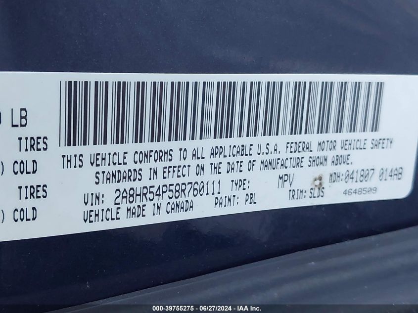 2008 Chrysler Town & Country Touring VIN: 2A8HR54P58R760111 Lot: 39755275