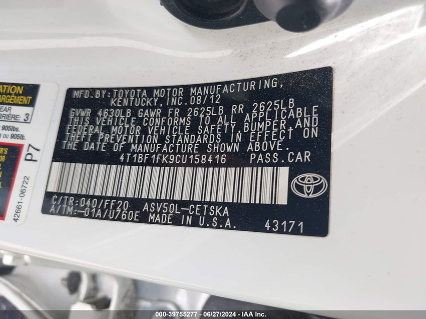 2012 Toyota Camry Se VIN: 4T1BF1FK9CU158416 Lot: 39755277