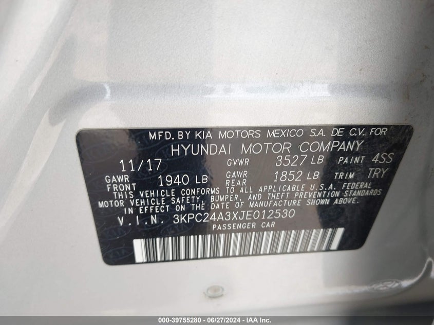 2018 Hyundai Accent Se/Sel VIN: 3KPC24A3XJE012530 Lot: 39755280