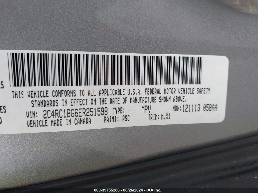 2014 Chrysler Town & Country Touring VIN: 2C4RC1BG6ER251598 Lot: 39755286