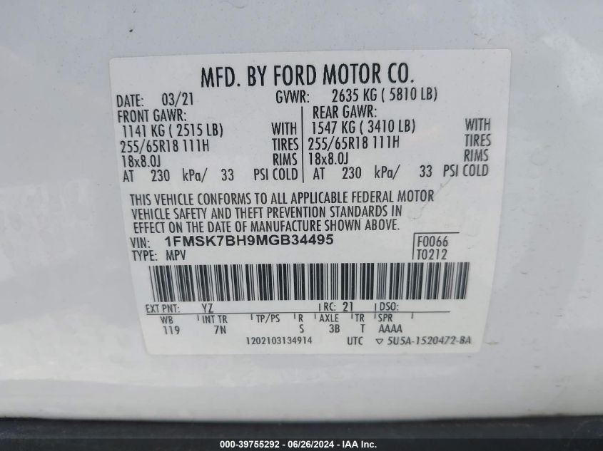 2021 Ford Explorer VIN: 1FMSK7BH9MGB34495 Lot: 39755292