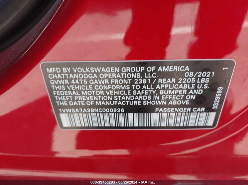 2022 Volkswagen Passat 2.0T Se VIN: 1VWSA7A38NC000936 Lot: 39755293