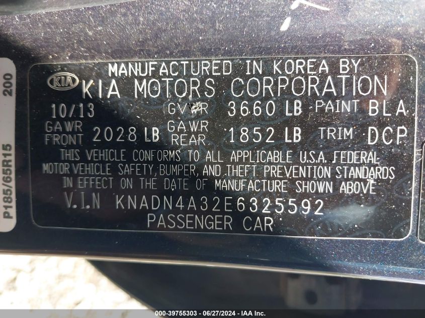 2014 Kia Rio Ex VIN: KNADN4A32E6325592 Lot: 39755303