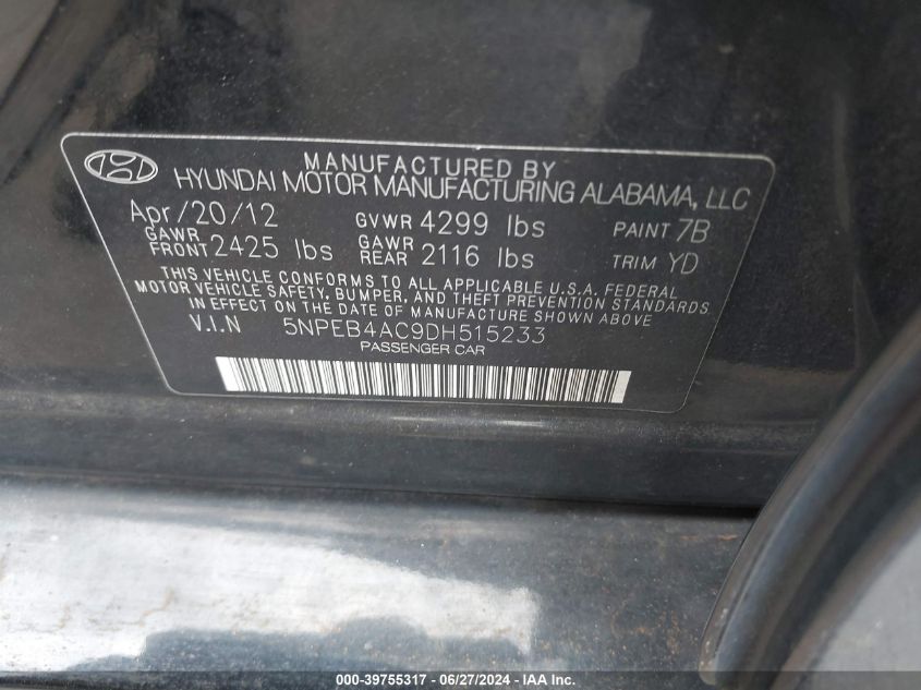 2013 Hyundai Sonata Gls VIN: 5NPEB4AC9DH515233 Lot: 39755317