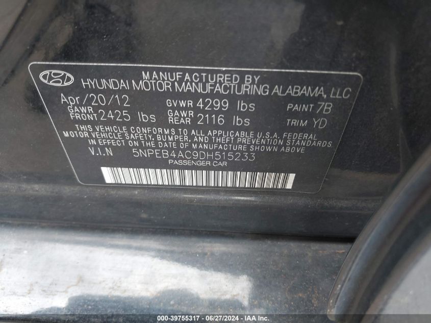 5NPEB4AC9DH515233 | 2013 HYUNDAI SONATA