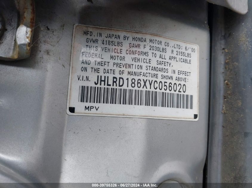 2000 Honda Cr-V Ex VIN: JHLRD186XYC056020 Lot: 39755326