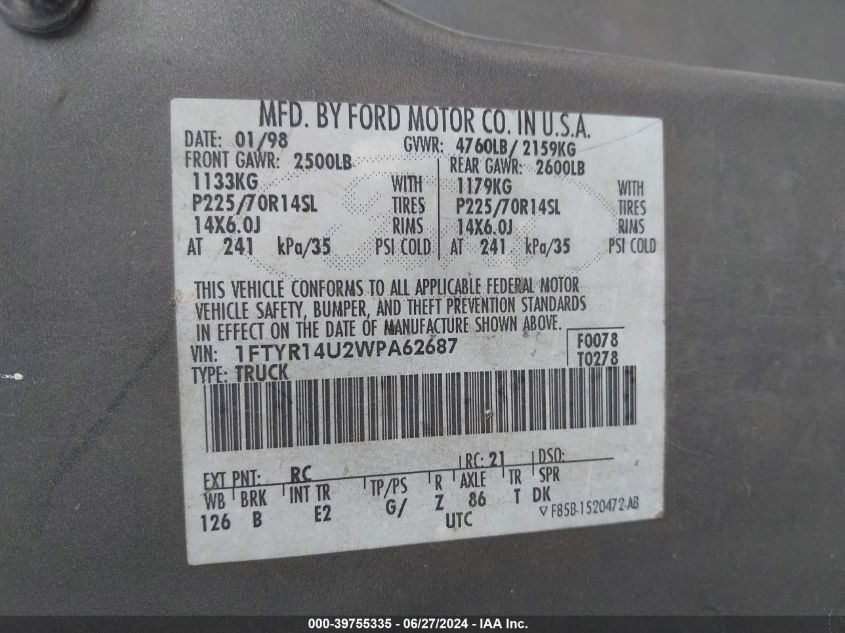 1998 Ford Ranger Super Cab VIN: 1FTYR14U2WPA62687 Lot: 39755335