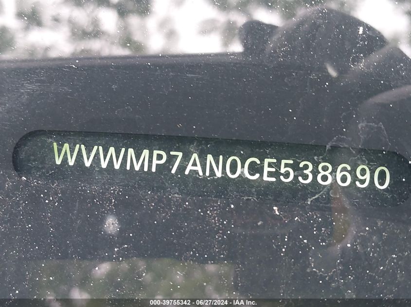 2012 Volkswagen Cc Sport VIN: WVWMP7AN0CE538690 Lot: 39755342