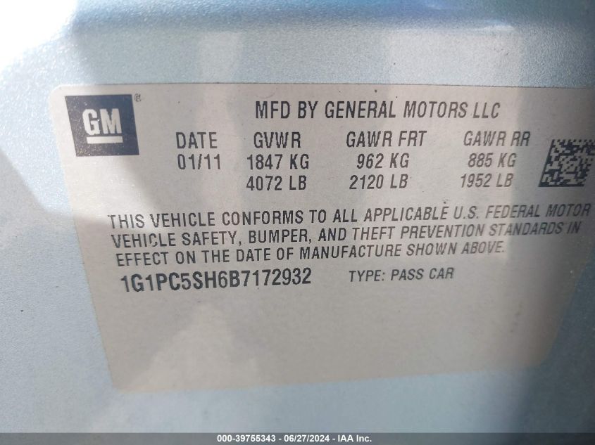 2011 Chevrolet Cruze Ls VIN: 1G1PC5SH6B7172932 Lot: 39755343