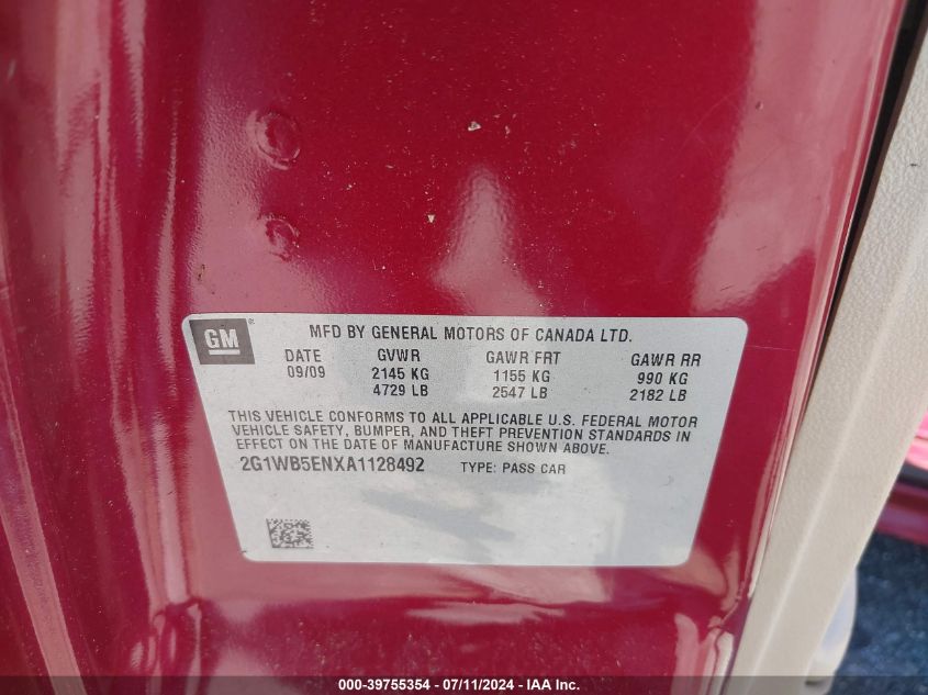 2010 Chevrolet Impala Lt VIN: 2G1WB5ENXA1128492 Lot: 39755354