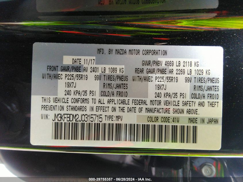 2018 Mazda Cx-5 Grand Touring VIN: JM3KFBDM2J0315715 Lot: 39755357