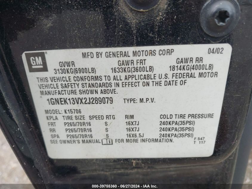 2002 Chevrolet Tahoe Ls VIN: 1GNEK13VX2J289079 Lot: 39755360