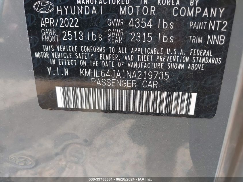 2022 Hyundai Sonata Sel VIN: KMHL64JA1NA219735 Lot: 39755361