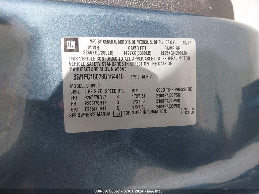 2008 Chevrolet Suburban 1500 Lt VIN: 3GNFC16078G164410 Lot: 39755367