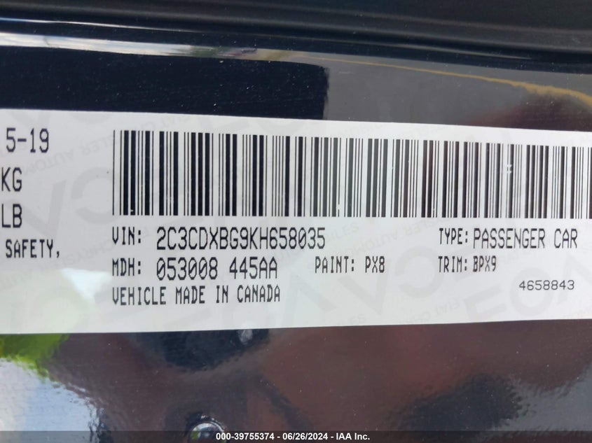 2019 Dodge Charger Sxt Rwd VIN: 2C3CDXBG9KH658035 Lot: 39755374