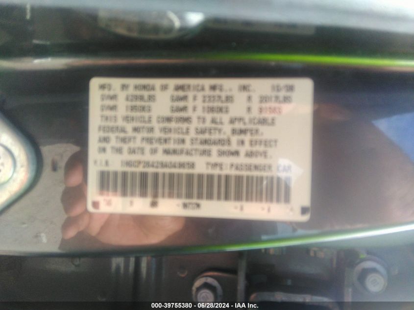 2009 Honda Accord Lxp VIN: 1HGCP26429A049658 Lot: 39755380