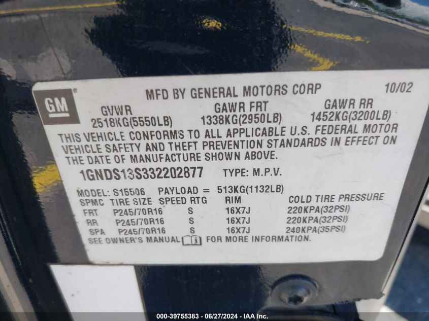 2003 Chevrolet Trailblazer Ls VIN: 1GNDS13S332202877 Lot: 39755383