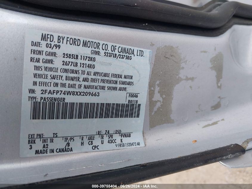 1999 Ford Crown Victoria Lx VIN: 2FAFP74W8XX209663 Lot: 39755404