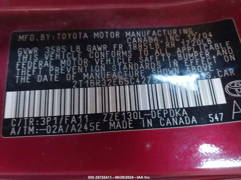 2005 Toyota Corolla Ce VIN: 2T1BR32E65C427513 Lot: 39755411