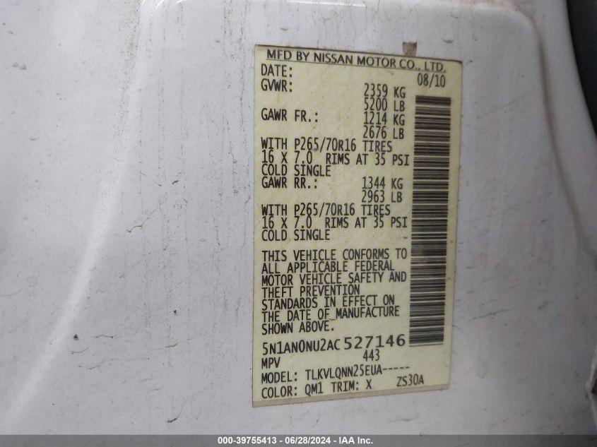2010 Nissan Xterra Off Road/S/Se VIN: 5N1AN0NU2AC527146 Lot: 39755413