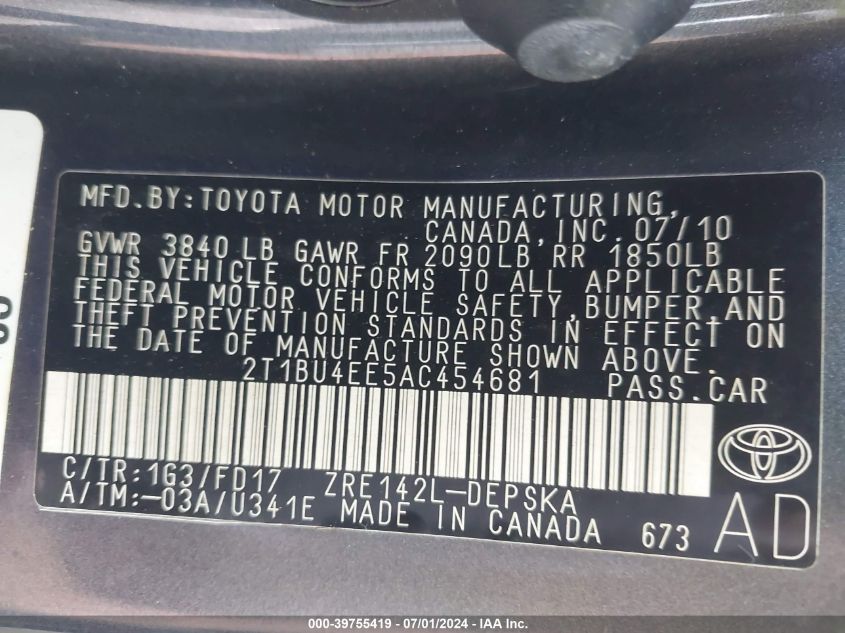 2010 Toyota Corolla S VIN: 2T1BU4EE5AC454681 Lot: 39755419