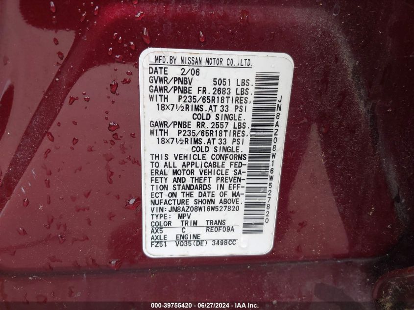 2006 Nissan Murano Se VIN: JN8AZ08W16W527820 Lot: 39755420