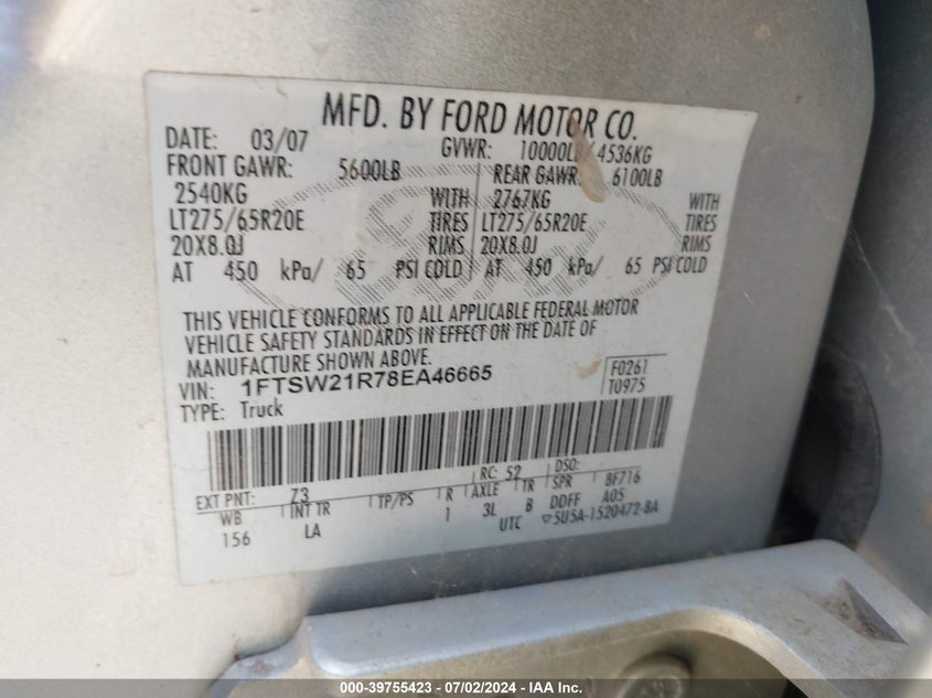 2008 Ford F-250 Fx4/Harley-Davidson/King Ranch/Lariat/Xl/Xlt VIN: 1FTSW21R78EA46665 Lot: 39755423