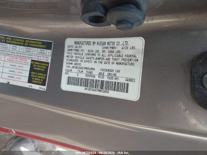 2007 Nissan 350Z Enthusiast VIN: JN1BZ36A57M652859 Lot: 39755424