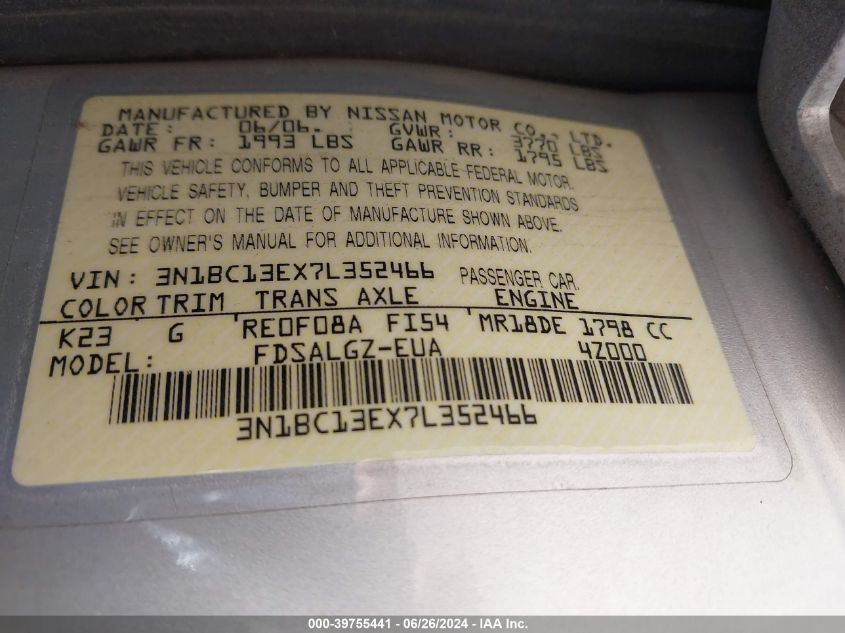 2007 Nissan Versa 1.8Sl VIN: 3N1BC13EX7L352466 Lot: 39755441