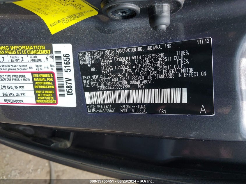 2013 Toyota Sienna Xle 7 Passenger VIN: 5TDDK3DC8DS054389 Lot: 39755451