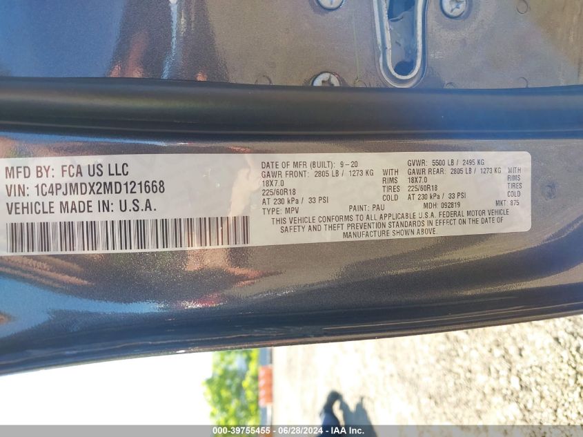 2021 Jeep Cherokee Limited VIN: 1C4PJMDX2MD121668 Lot: 39755455