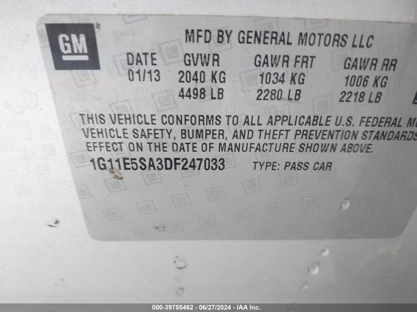 2013 Chevrolet Malibu 2Lt VIN: 1G11E5SA3DF247033 Lot: 39755462
